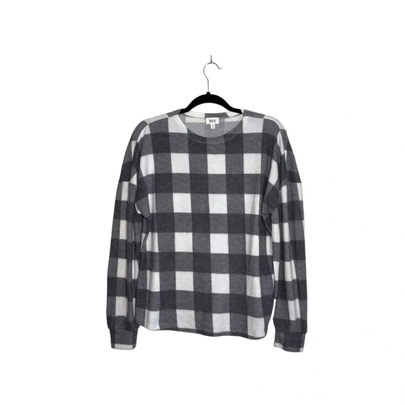 BKE Buckle Gray & White Buffalo Plaid Print Sherpa Pullover Top Medium Women’s - Picture 10 of 10